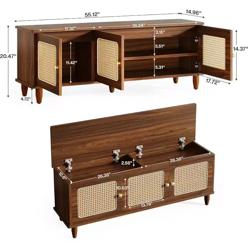 Banc à chaussures brun rustique de 55" avec plateau relevable – Rangement à 2 niveaux, portes en rotin, compartiment caché