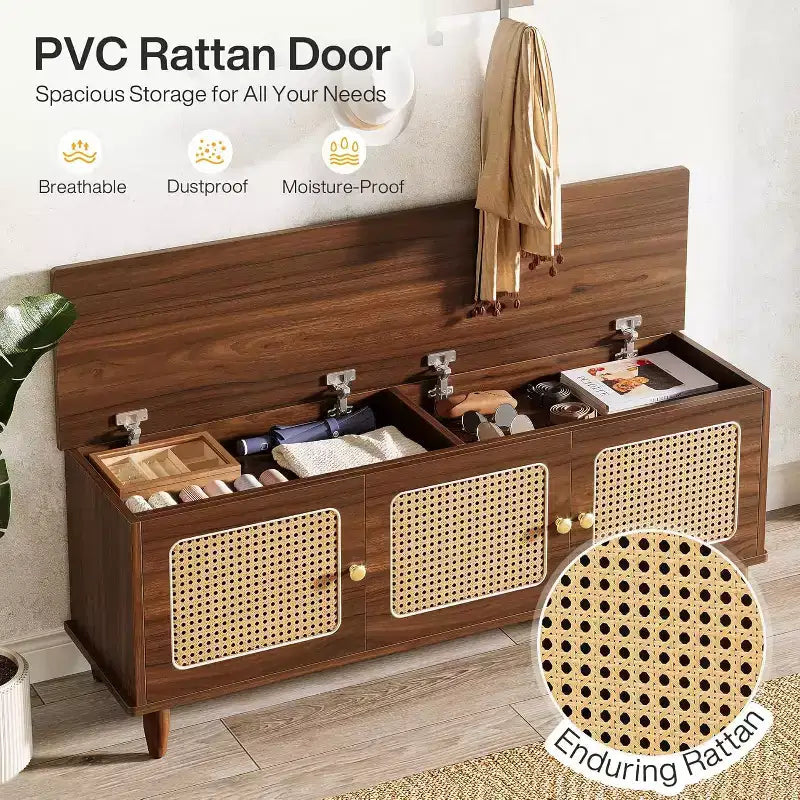 Banc à chaussures brun rustique de 55" avec plateau relevable – Rangement à 2 niveaux, portes en rotin, compartiment caché