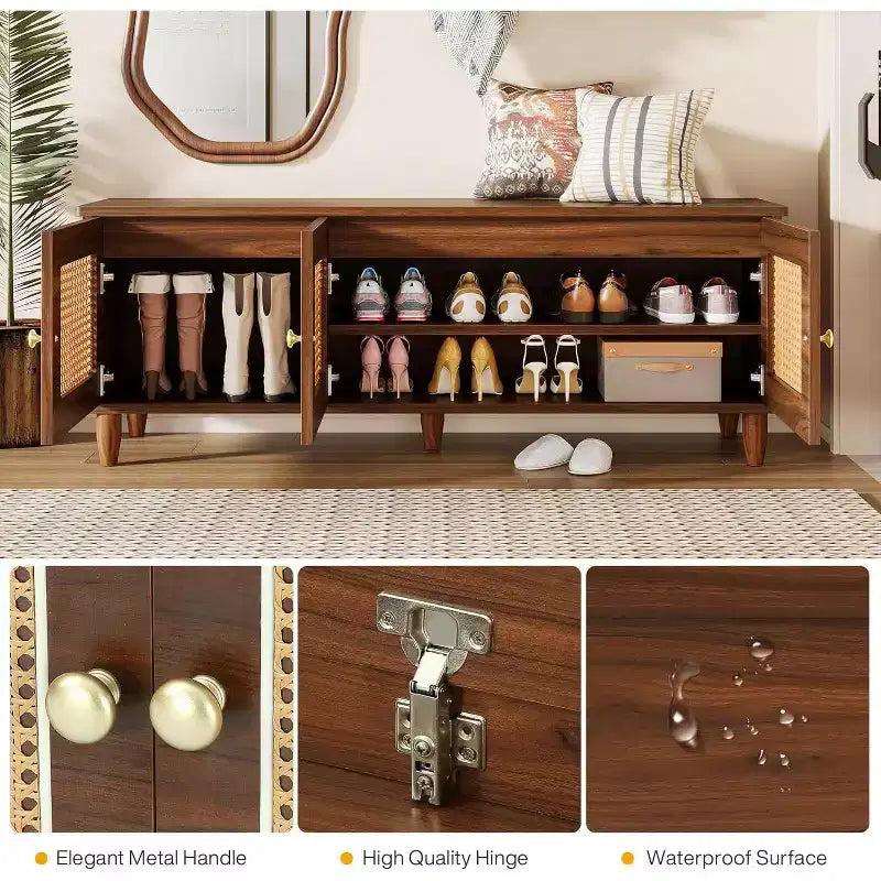 Banc à chaussures brun rustique de 55" avec plateau relevable – Rangement à 2 niveaux, portes en rotin, compartiment caché