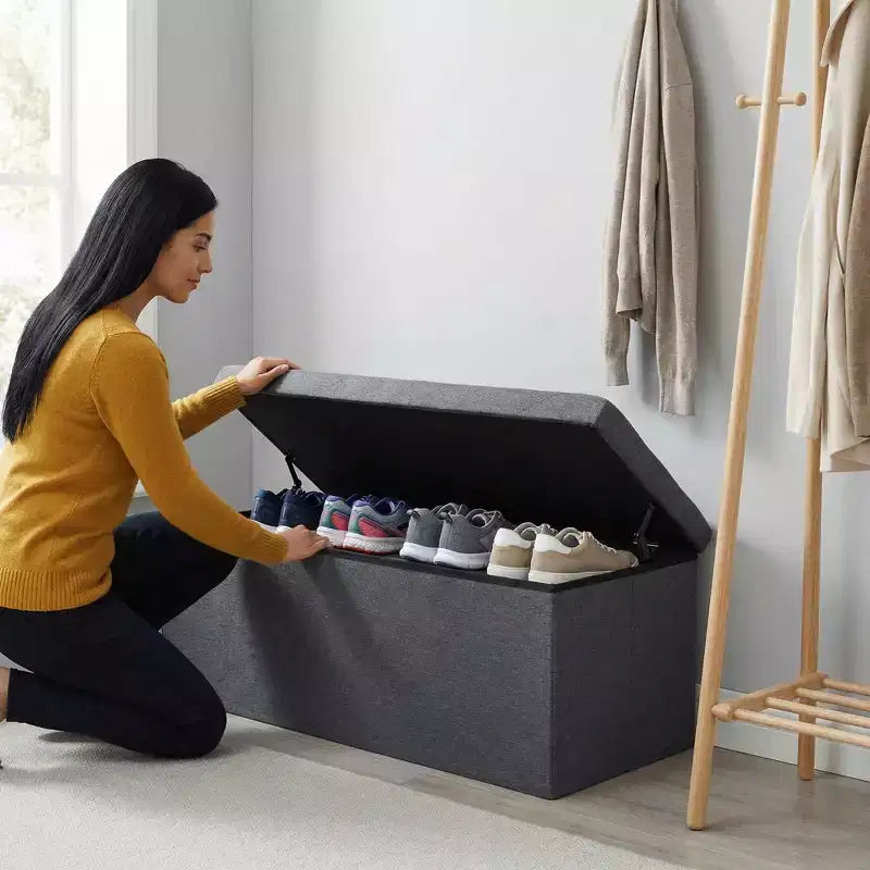Banc de Rangement Pliable avec Couvercle Relevable, Repose-Pieds Rembourré et Coffre de Rangement de Bout de Lit pour Salon, Chambre, Entrée, 47 Gris