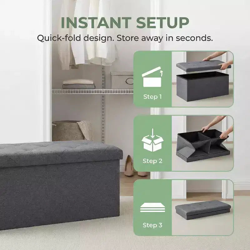Banc de Rangement Pliable avec Couvercle Relevable, Repose-Pieds Rembourré et Coffre de Rangement de Bout de Lit pour Salon, Chambre, Entrée, 47 Gris