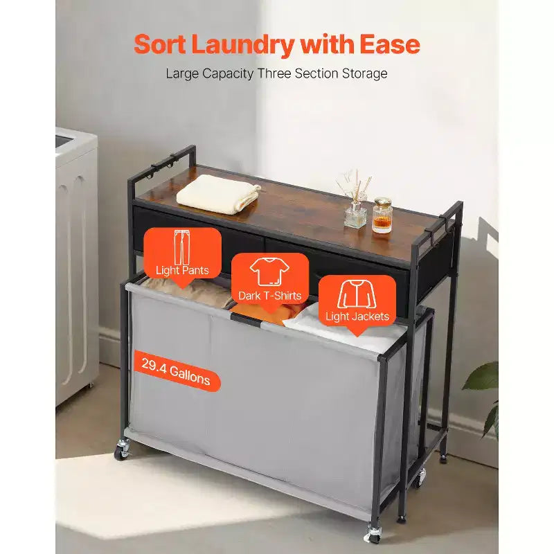 Trieur à linge roulant à 3 sections avec 2 tiroirs, crochets et roulettes verrouillables — Noir/Gris