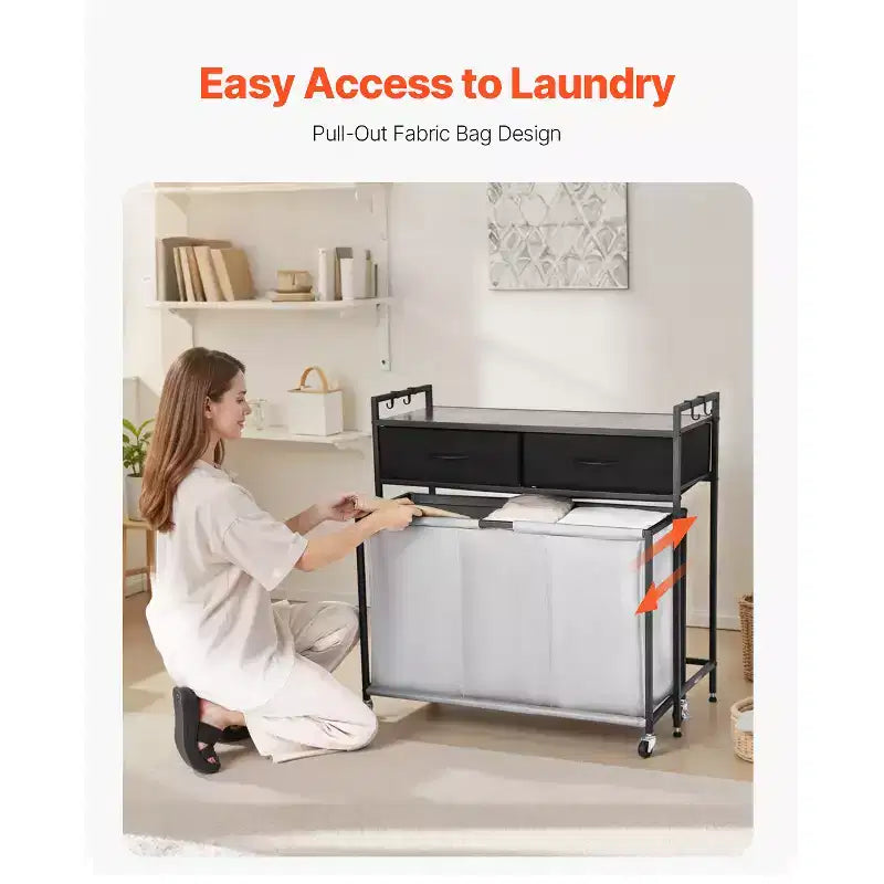 Trieur à linge roulant à 3 sections avec 2 tiroirs, crochets et roulettes verrouillables — Noir/Gris