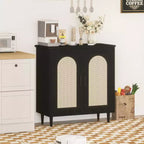 Buffet bas Boho en rotin à 2 portes, buffet en bois avec étagères réglables et rangement, armoire multi-usages pour cuisine, salon, salle à manger