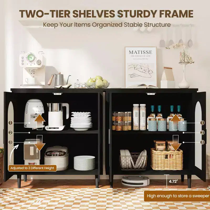 Buffet bas Boho en rotin à 2 portes, buffet en bois avec étagères réglables et rangement, armoire multi-usages pour cuisine, salon, salle à manger