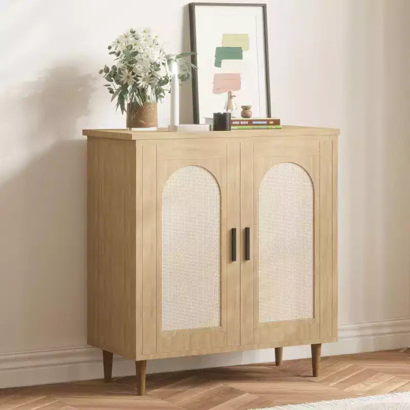 Buffet bas Boho en rotin à 2 portes, buffet en bois avec étagères réglables et rangement, armoire multi-usages pour cuisine, salon, salle à manger