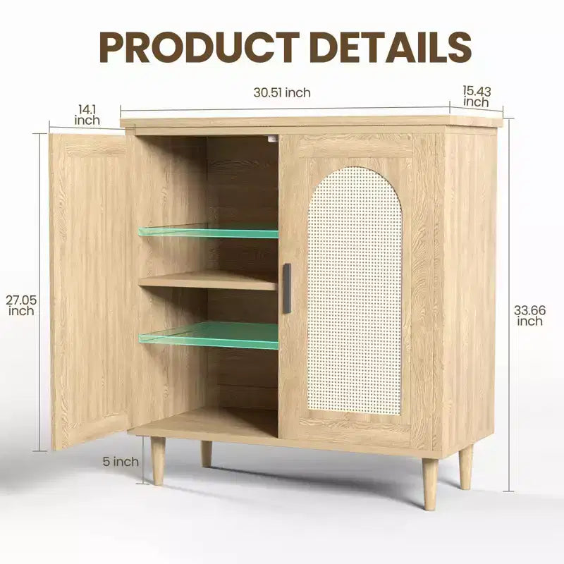 Buffet bas Boho en rotin à 2 portes, buffet en bois avec étagères réglables et rangement, armoire multi-usages pour cuisine, salon, salle à manger