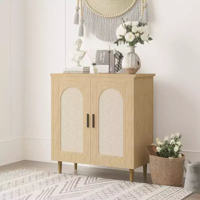 Buffet bas Boho en rotin à 2 portes, buffet en bois avec étagères réglables et rangement, armoire multi-usages pour cuisine, salon, salle à manger