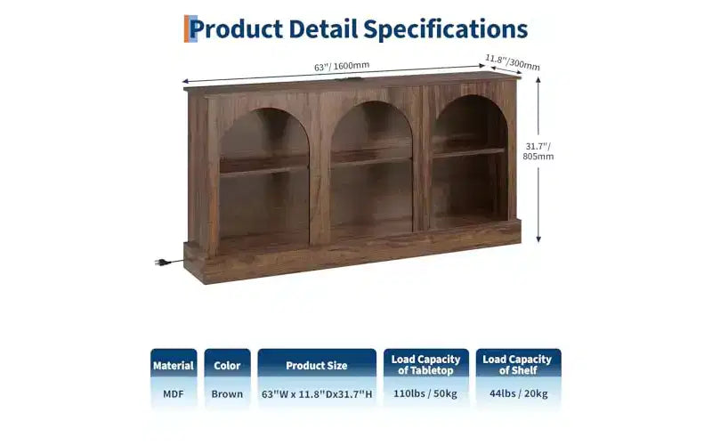 Meuble TV rustique marron arque de 63 po – Meuble console multimédia à 3 niveaux pour téléviseurs jusqu'à 70 po, table console d'entrée