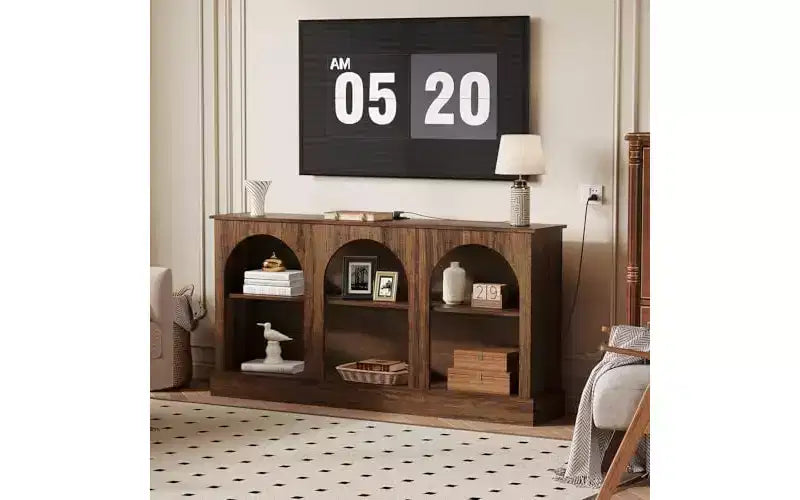 Meuble TV rustique marron arque de 63 po – Meuble console multimédia à 3 niveaux pour téléviseurs jusqu'à 70 po, table console d'entrée
