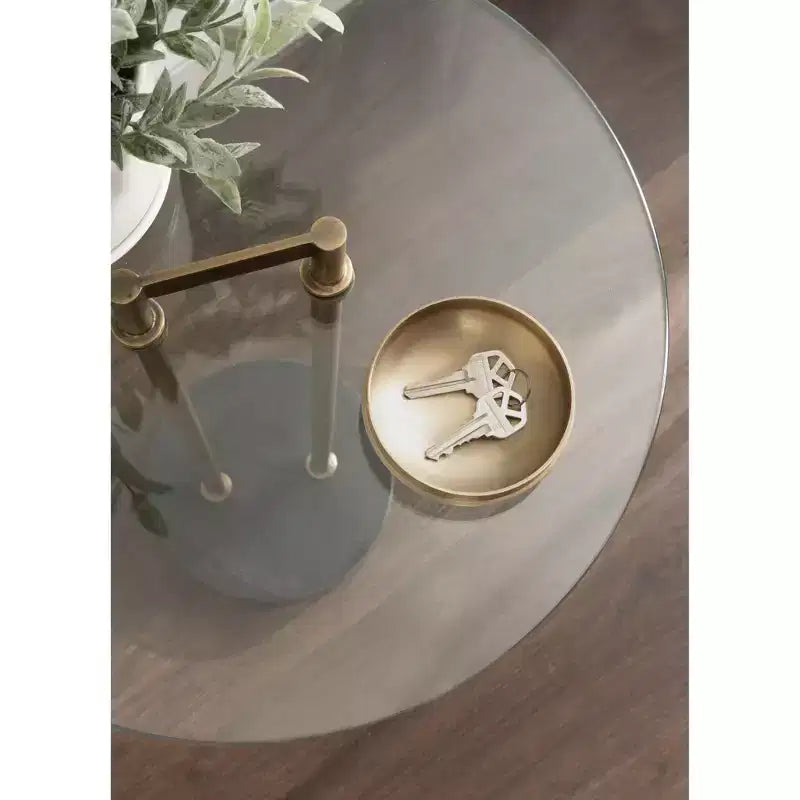 Table d'appoint ronde en verre avec base en marbre — 40,6 cm de diamètre, 61 cm de hauteur, structure en métal noir