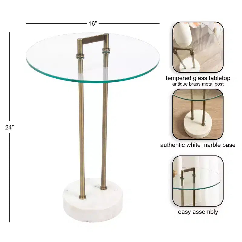Table d'appoint ronde en verre avec base en marbre — 40,6 cm de diamètre, 61 cm de hauteur, structure en métal noir