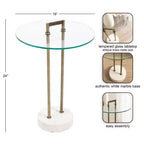 Table d'appoint ronde en verre avec base en marbre — 40,6 cm de diamètre, 61 cm de hauteur, structure en métal noir