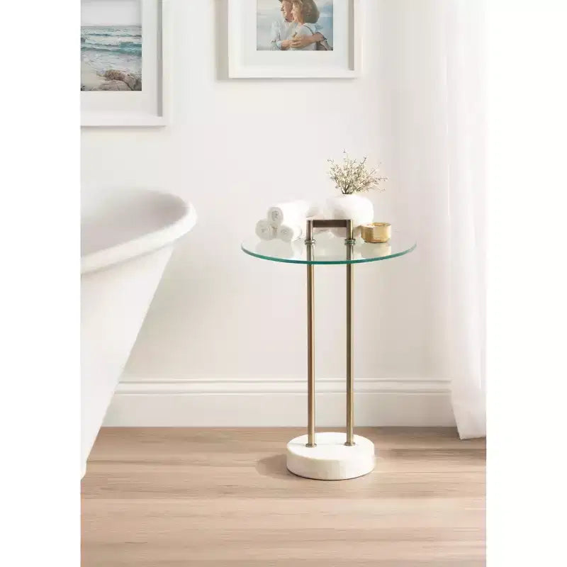 Table d'appoint ronde en verre avec base en marbre — 40,6 cm de diamètre, 61 cm de hauteur, structure en métal noir