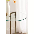 Table d'appoint ronde en verre avec base en marbre — 40,6 cm de diamètre, 61 cm de hauteur, structure en métal noir