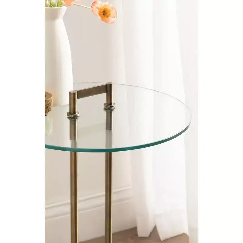 Table d'appoint ronde en verre avec base en marbre — 40,6 cm de diamètre, 61 cm de hauteur, structure en métal noir
