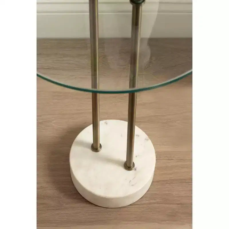 Table d'appoint ronde en verre avec base en marbre — 40,6 cm de diamètre, 61 cm de hauteur, structure en métal noir