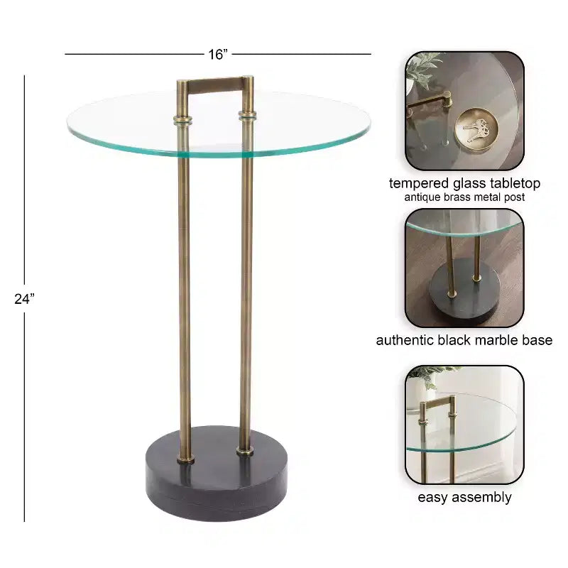 Table d'appoint ronde en verre avec base en marbre — 40,6 cm de diamètre, 61 cm de hauteur, structure en métal noir