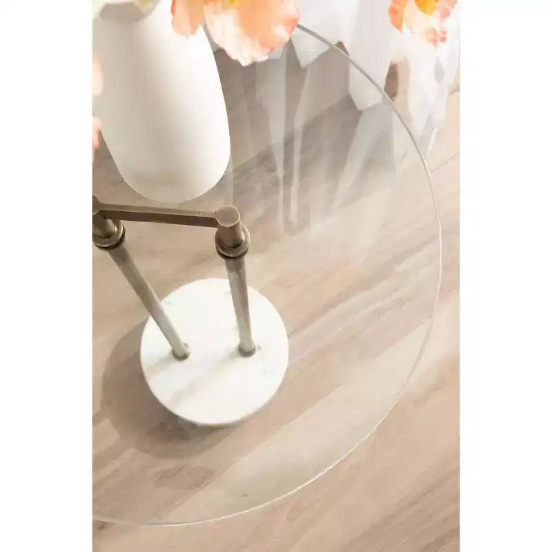 Table d'appoint ronde en verre avec base en marbre — 40,6 cm de diamètre, 61 cm de hauteur, structure en métal noir