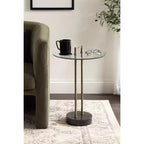 Table d'appoint ronde en verre avec base en marbre — 40,6 cm de diamètre, 61 cm de hauteur, structure en métal noir
