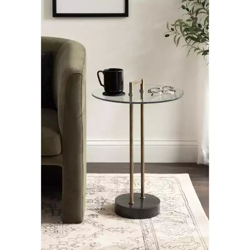 Table d'appoint ronde en verre avec base en marbre — 40,6 cm de diamètre, 61 cm de hauteur, structure en métal noir