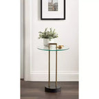 Table d'appoint ronde en verre avec base en marbre — 40,6 cm de diamètre, 61 cm de hauteur, structure en métal noir
