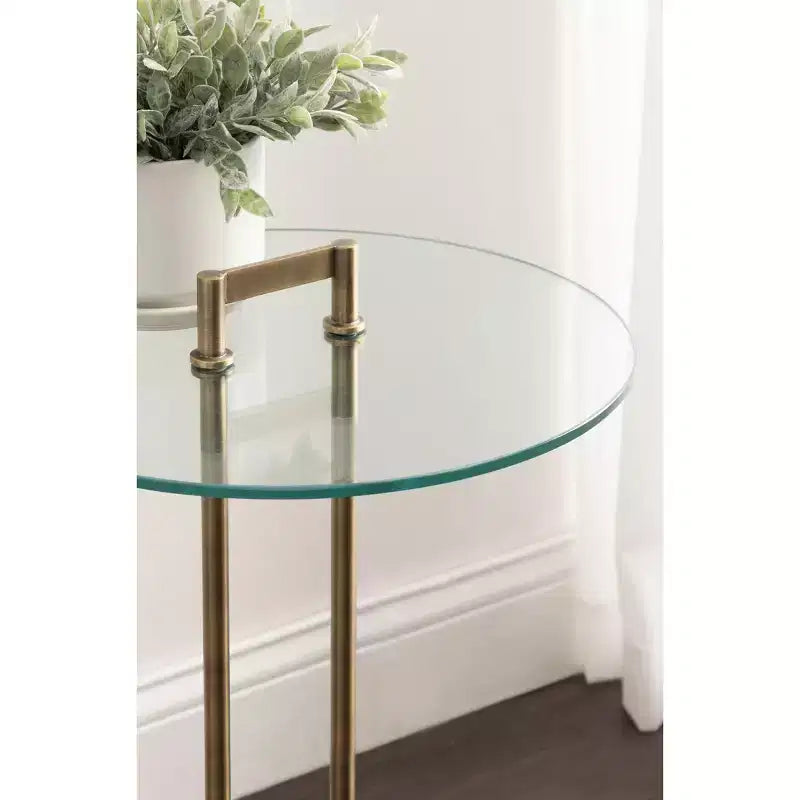 Table d'appoint ronde en verre avec base en marbre — 40,6 cm de diamètre, 61 cm de hauteur, structure en métal noir