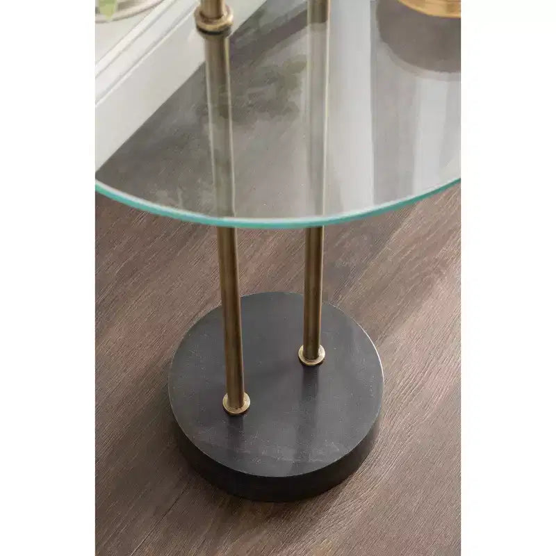 Table d'appoint ronde en verre avec base en marbre — 40,6 cm de diamètre, 61 cm de hauteur, structure en métal noir