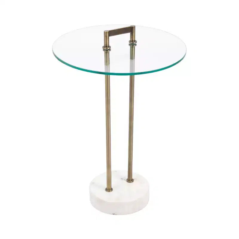 Table d'appoint ronde en verre avec base en marbre — 40,6 cm de diamètre, 61 cm de hauteur, structure en métal noir