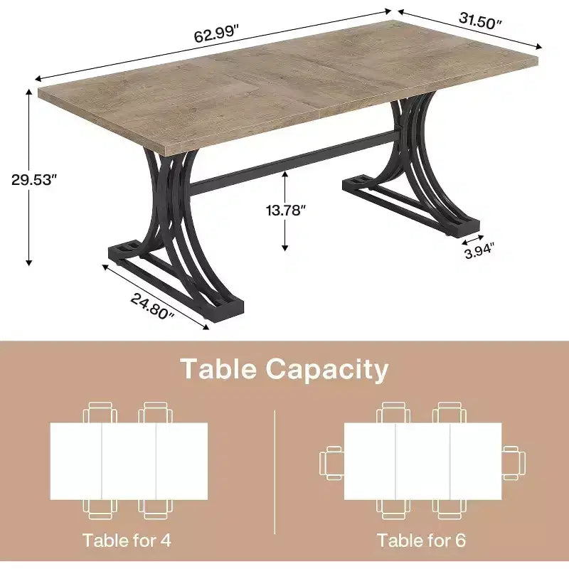 Table à manger rectangulaire moderne de 160 cm — Plateau en MDF gris, pieds en métal noir, 4 à 6 places