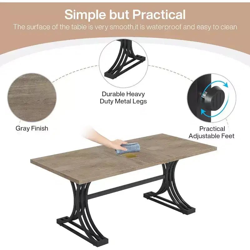 Table à manger rectangulaire moderne de 160 cm — Plateau en MDF gris, pieds en métal noir, 4 à 6 places