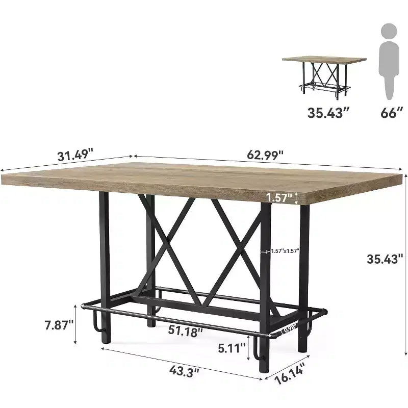 Table de bar industrielle de 160 cm de hauteur de comptoir avec repose-pieds en métal — Gris rustique, pour 4 à 6 personnes