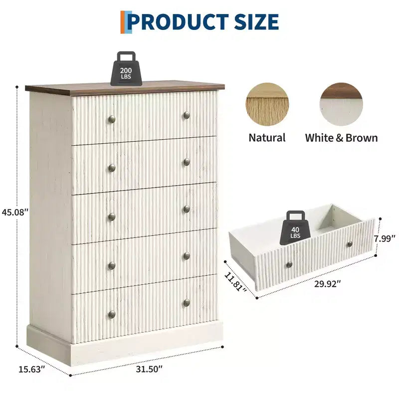 Commode à 5 tiroirs de 114 cm de haut – Commode en bois cannelé avec poignées en métal, rangement de chambre à coucher peu encombrant