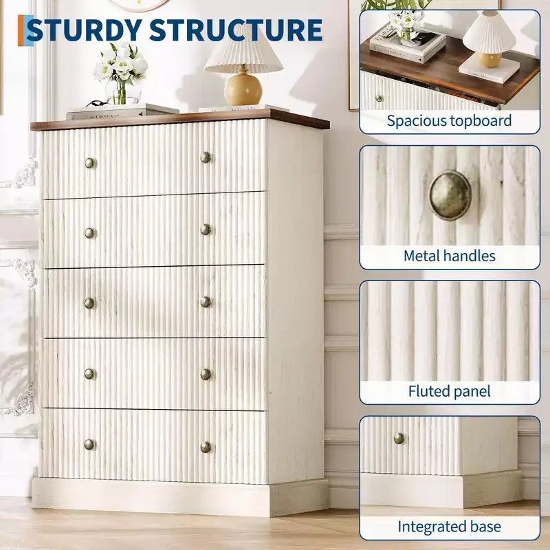 Commode à 5 tiroirs de 114 cm de haut – Commode en bois cannelé avec poignées en métal, rangement de chambre à coucher peu encombrant