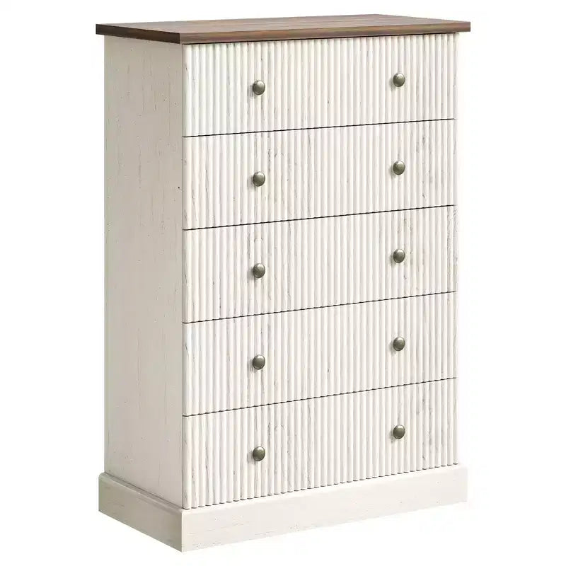 Commode à 5 tiroirs de 114 cm de haut – Commode en bois cannelé avec poignées en métal, rangement de chambre à coucher peu encombrant