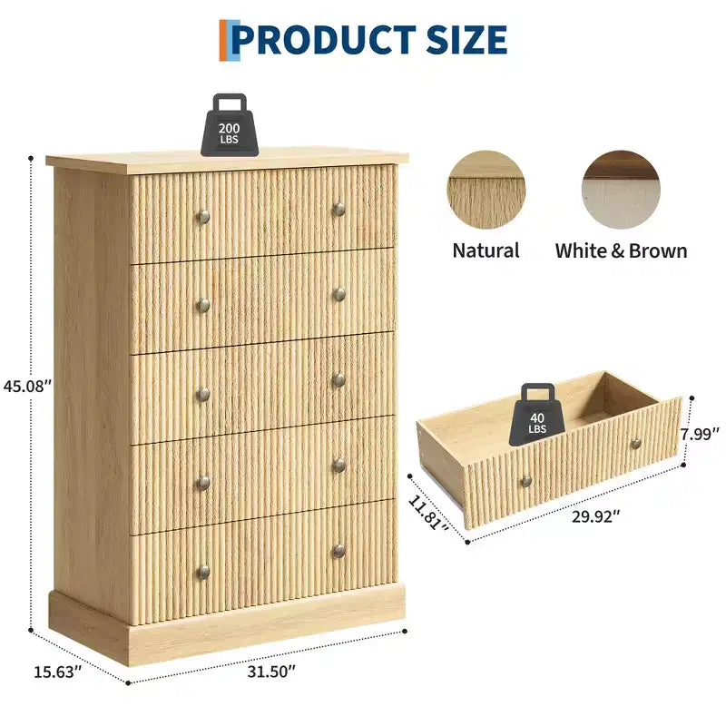 Commode à 5 tiroirs de 114 cm de haut – Commode en bois cannelé avec poignées en métal, rangement de chambre à coucher peu encombrant