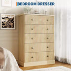 Commode à 5 tiroirs de 114 cm de haut – Commode en bois cannelé avec poignées en métal, rangement de chambre à coucher peu encombrant