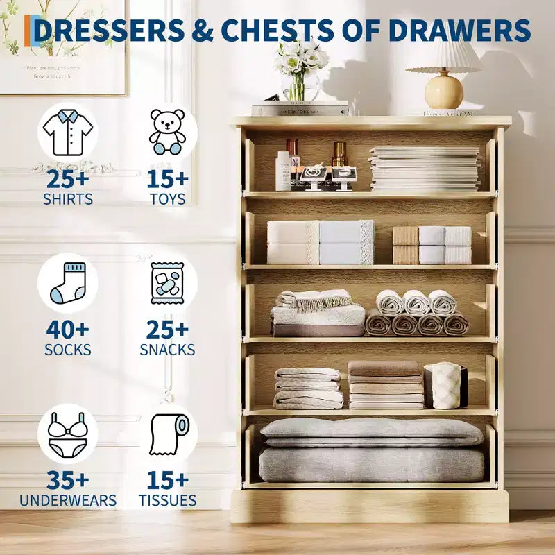 Commode à 5 tiroirs de 114 cm de haut – Commode en bois cannelé avec poignées en métal, rangement de chambre à coucher peu encombrant