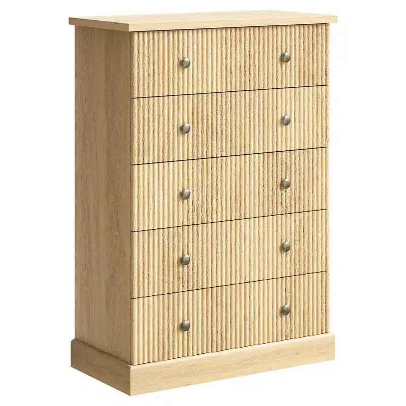 Commode à 5 tiroirs de 114 cm de haut – Commode en bois cannelé avec poignées en métal, rangement de chambre à coucher peu encombrant