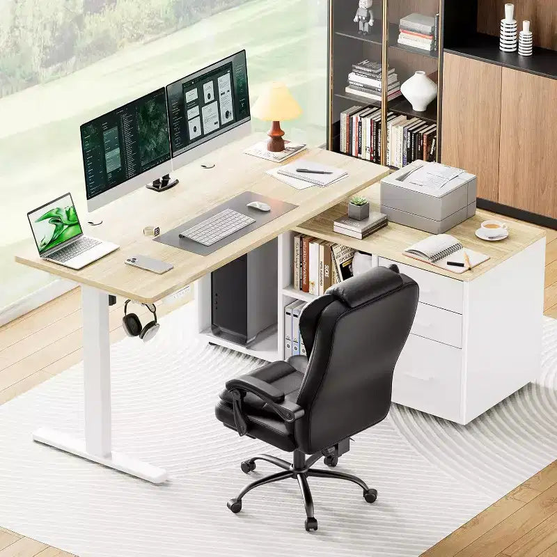 Bureau d'angle debout réglable en hauteur électriquement 140x60 cm avec classeur — Télétravail