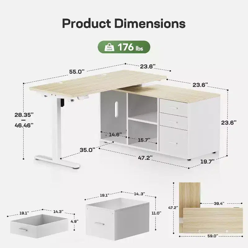 Bureau d'angle debout réglable en hauteur électriquement 140x60 cm avec classeur — Télétravail