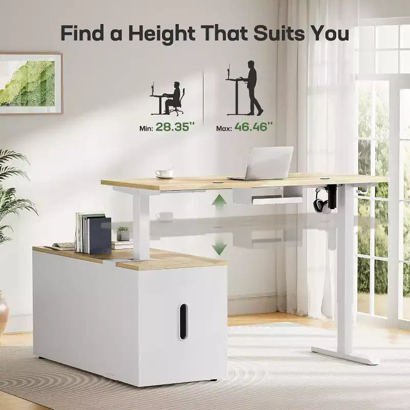 Bureau d'angle debout réglable en hauteur électriquement 140x60 cm avec classeur — Télétravail