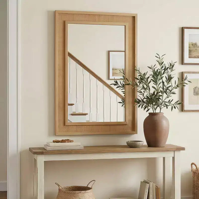 Miroir mural en rotin style ferme 20"x30" — Cadre en bois massif, verre trempé, pour coiffeuse et décoration