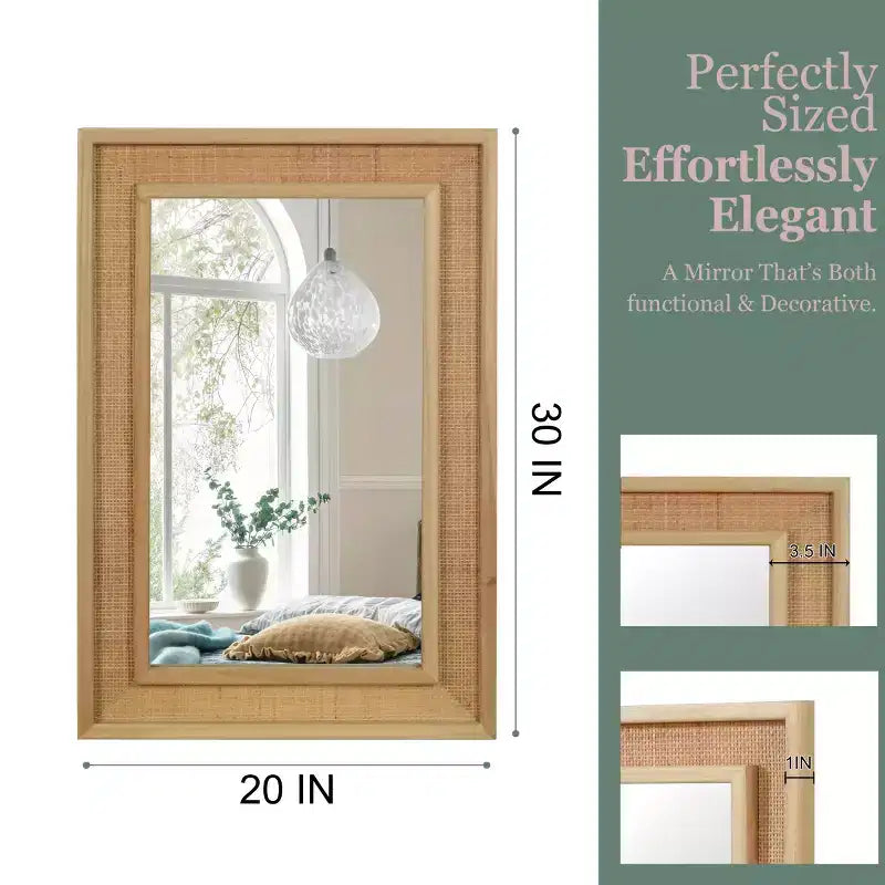 Miroir mural en rotin style ferme 20"x30" — Cadre en bois massif, verre trempé, pour coiffeuse et décoration