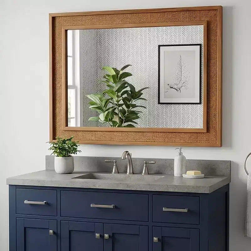 Miroir mural en rotin style ferme 20"x30" — Cadre en bois massif, verre trempé, pour coiffeuse et décoration