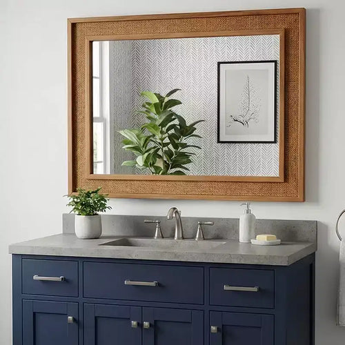 Miroir mural en rotin style ferme 20"x30" — Cadre en bois massif, verre trempé, pour coiffeuse et décoration