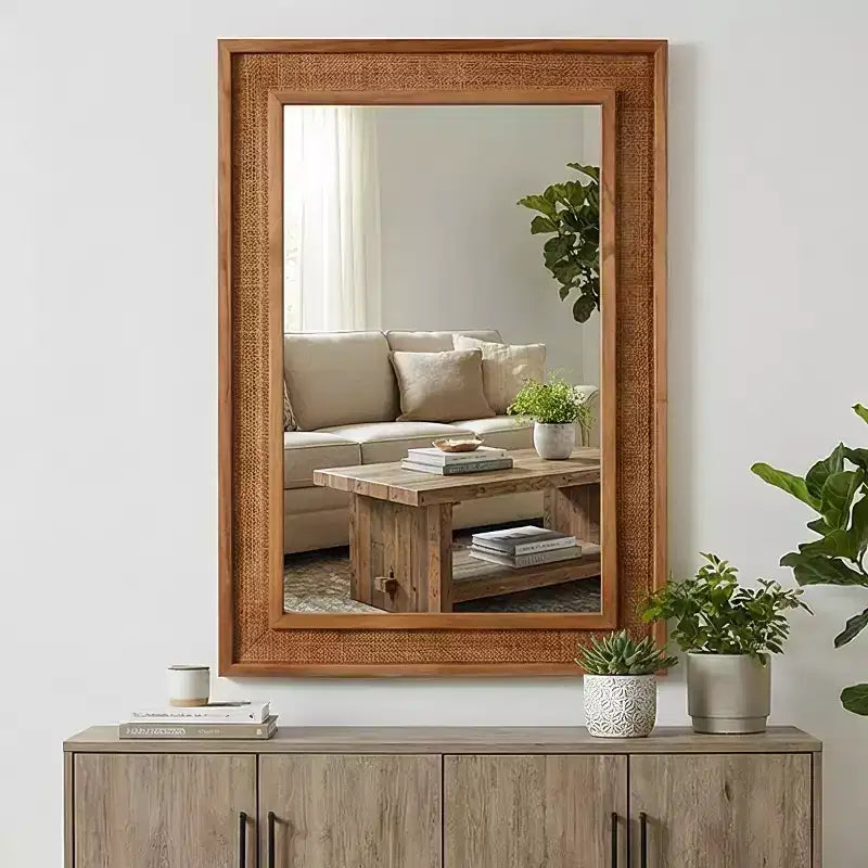 Miroir mural en rotin style ferme 20"x30" — Cadre en bois massif, verre trempé, pour coiffeuse et décoration