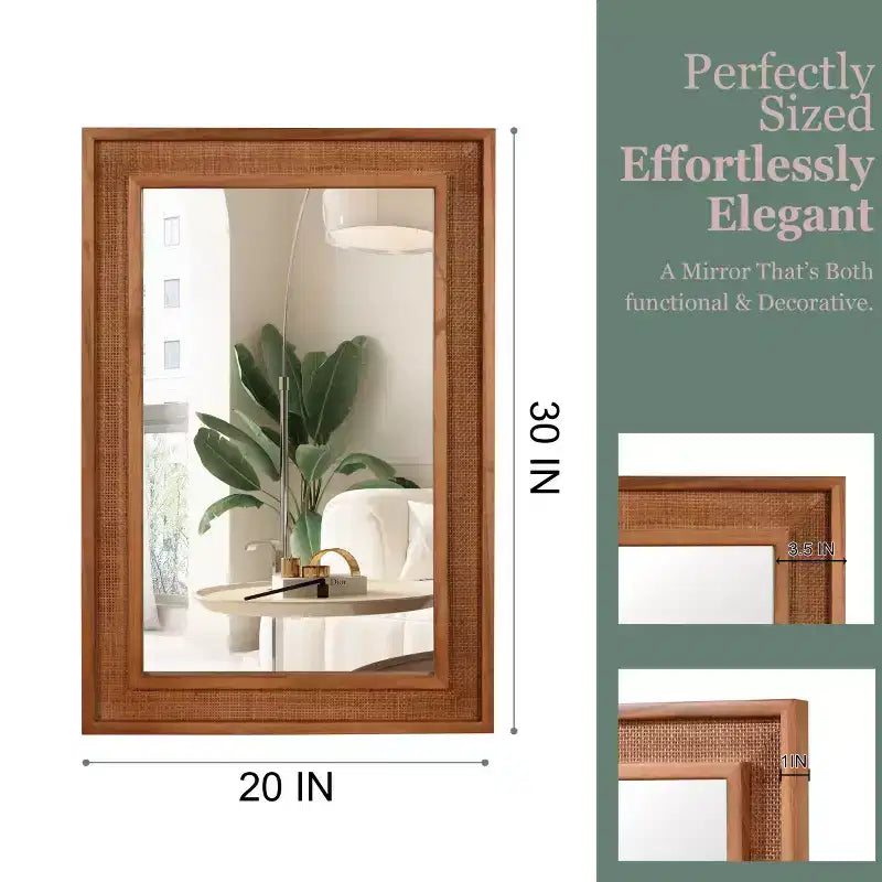Miroir mural en rotin style ferme 20"x30" — Cadre en bois massif, verre trempé, pour coiffeuse et décoration