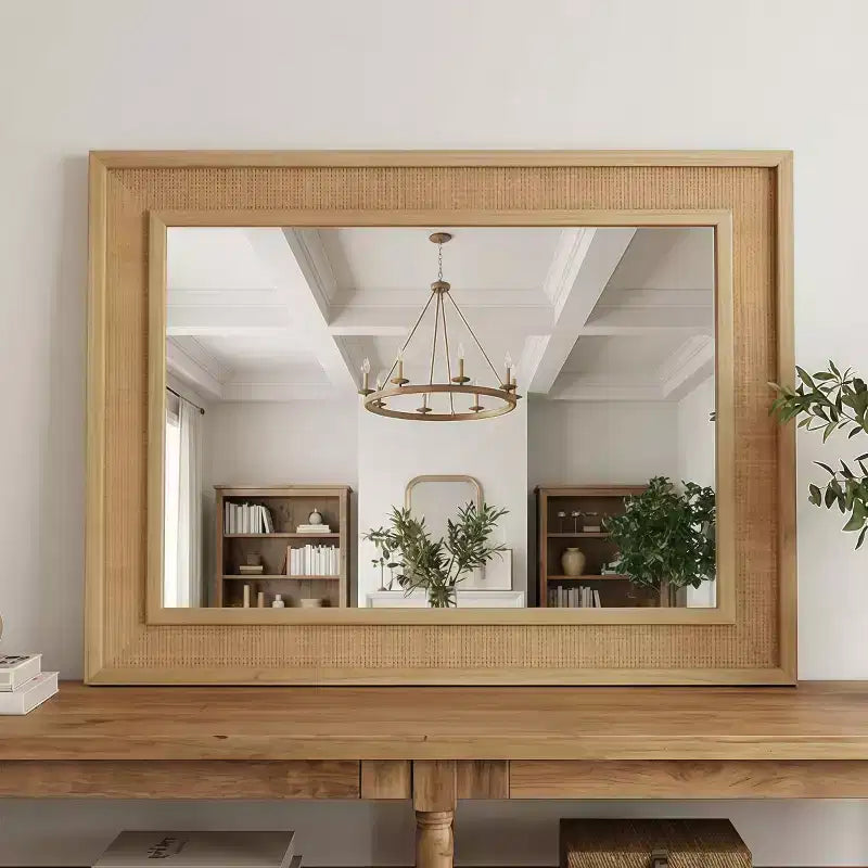 Miroir mural en rotin style ferme 20"x30" — Cadre en bois massif, verre trempé, pour coiffeuse et décoration
