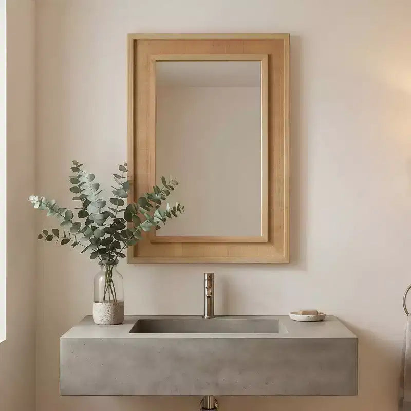 Miroir mural en rotin style ferme 20"x30" — Cadre en bois massif, verre trempé, pour coiffeuse et décoration